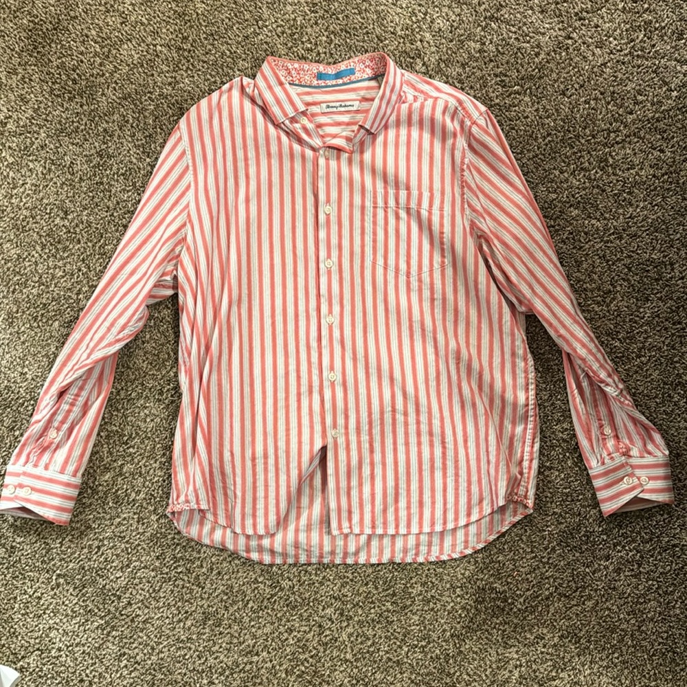 Large salmon and baby blue/white stripe Tommy Bahama button up